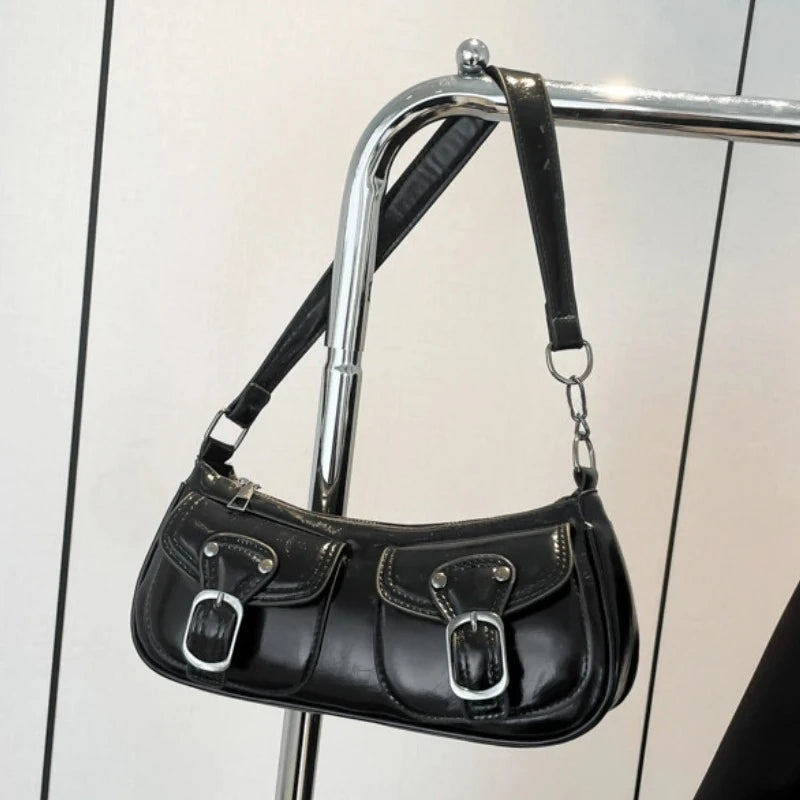 Fashion Pu Leather Women'S Shoulder Bag Small Double Pocket Design Ladies Underarm Bags Y2K Vintage Female Handbags Clutch Purse