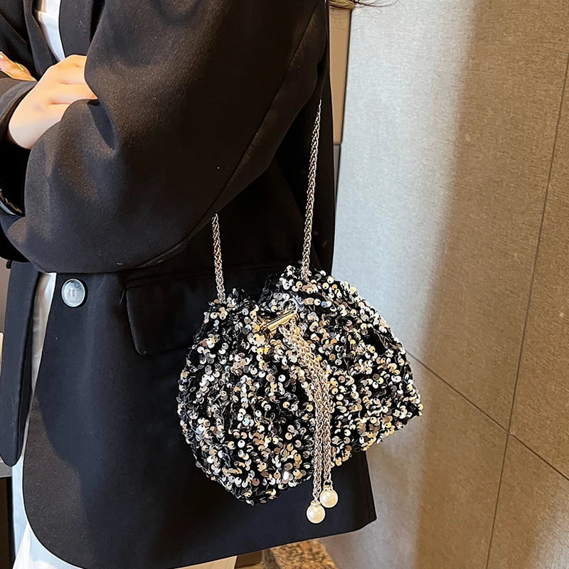 Good-Looking Personality Sequin Women'S New Korean Bucket Bag Bright Eyes Style Fashion Crossbody Dinner Single Shoulder Bags