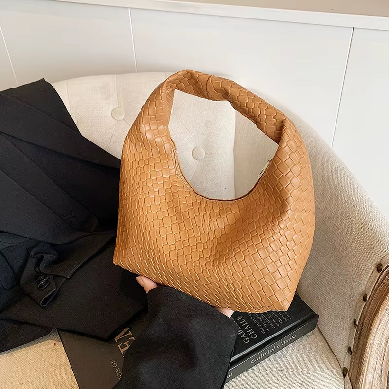 Women Classic Fashion Woven Embossed Hobo Soft PU Leather Small Top-Handle Shoulder Bag Casual Daily Handbags