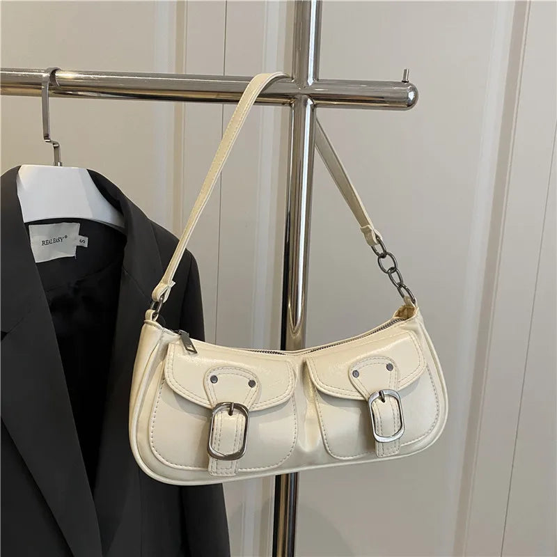 Fashion Pu Leather Women'S Shoulder Bag Small Double Pocket Design Ladies Underarm Bags Y2K Vintage Female Handbags Clutch Purse