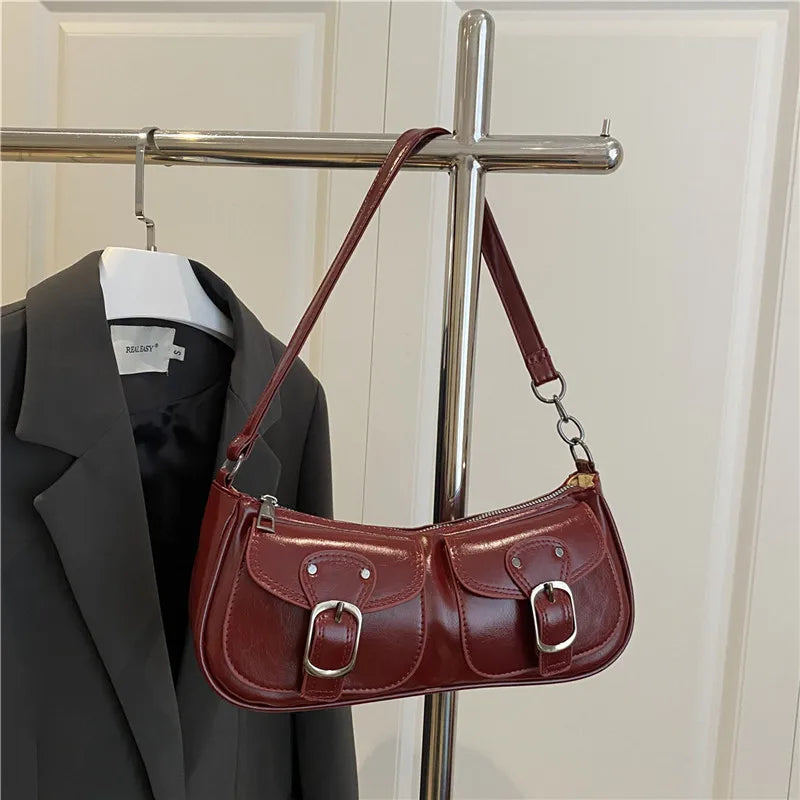 Fashion Pu Leather Women'S Shoulder Bag Small Double Pocket Design Ladies Underarm Bags Y2K Vintage Female Handbags Clutch Purse
