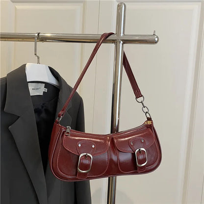 Fashion Pu Leather Women'S Shoulder Bag Small Double Pocket Design Ladies Underarm Bags Y2K Vintage Female Handbags Clutch Purse