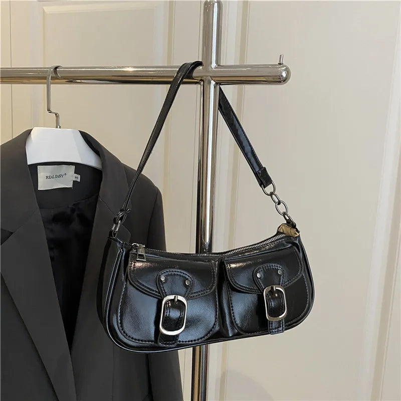 Fashion Pu Leather Women'S Shoulder Bag Small Double Pocket Design Ladies Underarm Bags Y2K Vintage Female Handbags Clutch Purse