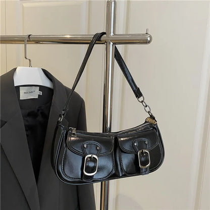 Fashion Pu Leather Women'S Shoulder Bag Small Double Pocket Design Ladies Underarm Bags Y2K Vintage Female Handbags Clutch Purse