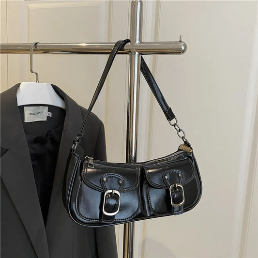 Fashion Pu Leather Women'S Shoulder Bag Small Double Pocket Design Ladies Underarm Bags Y2K Vintage Female Handbags Clutch Purse