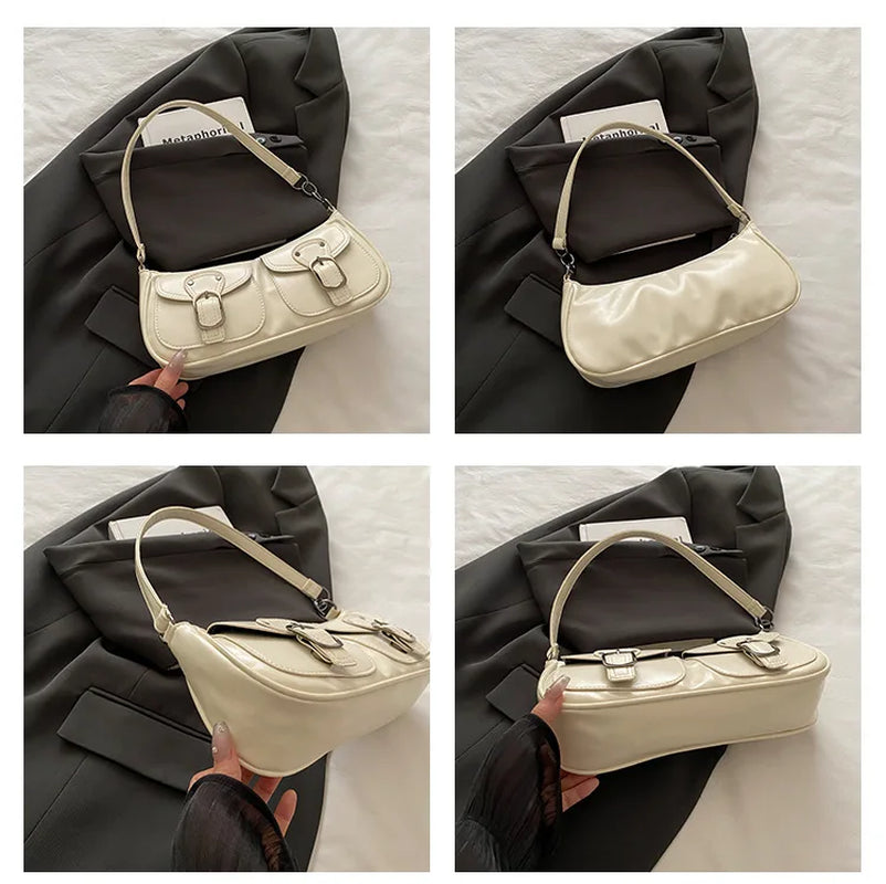 Fashion Pu Leather Women'S Shoulder Bag Small Double Pocket Design Ladies Underarm Bags Y2K Vintage Female Handbags Clutch Purse